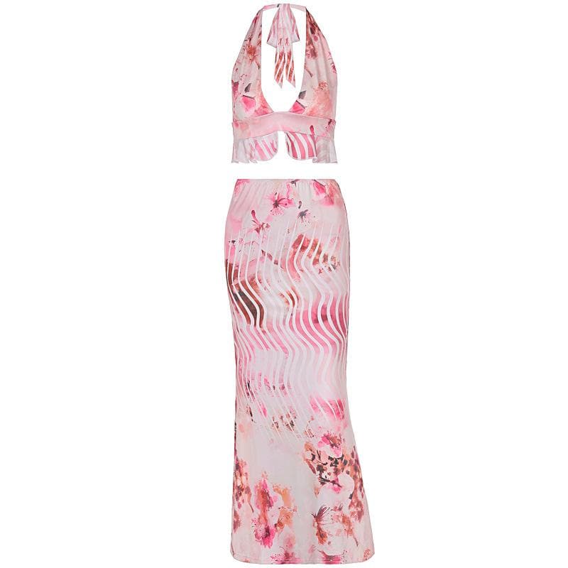 Halter print deep v neck ruffle midi skirt set