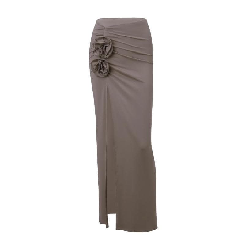 Ruched high slit flower applique irregular solid maxi skirt-final-sale