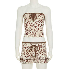 Leopard print bowknot tube mini skirt set