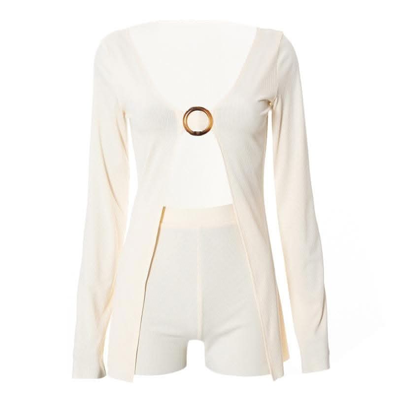 V neck long sleeve o ring slit solid crop top pant set-final-sale