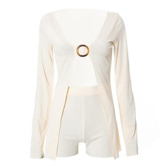 V neck long sleeve o ring slit solid crop top pant set-final-sale