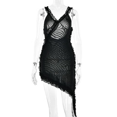 Sheer mesh see through ruffle solid cross back irregular mini dress-final-sale