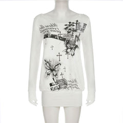 Long sleeve butterfly print backless top