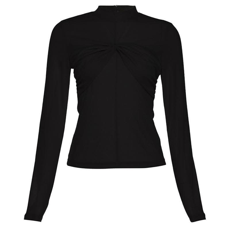 Ruched high neck zip-up long sleeve solid top-final-sale