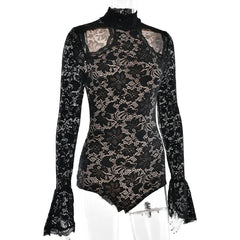 High neck long sleeve hollow out lace bodysuit-final-sale