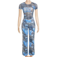 Denim print contrast short sleeve crewneck pant set-final-sale