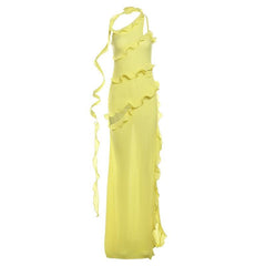 One shoulder ruffle irregular high slit maxi dress