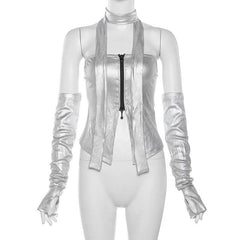 Metallic gloves zip-up tube top