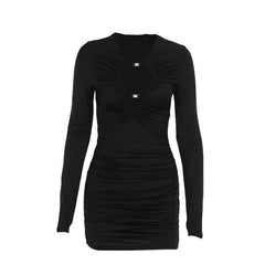 Long sleeve ruched buckle hollow out cut out mini dress