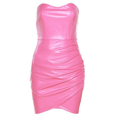 Sweetheart neck PU leather backless mini dress