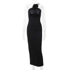 Flower applique one shoulder solid ruched maxi dress-final-sale