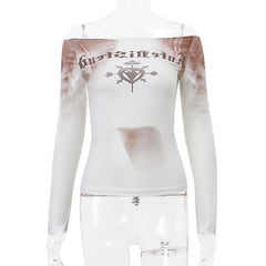 Long sleeve off shoulder tie dye abstract contrast top