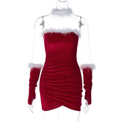 Ruched feather gloves backless tube mini dress