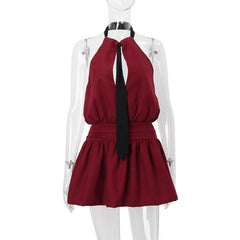 Halter deep v neck ruched backless tie applique mini dress