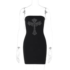 Cross pattern beaded backless tube mini dress