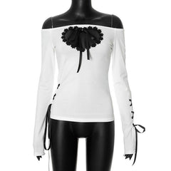 Hollow out long sleeve off shoulder self tie cut out top-final-sale