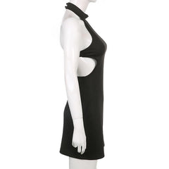 Sleeveless solid halter hollow out backless button cut out mini dress