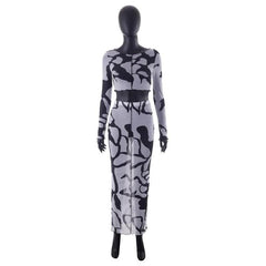 Sheer mesh see through long sleeve stitch contrast maxi skirt set-final-sale