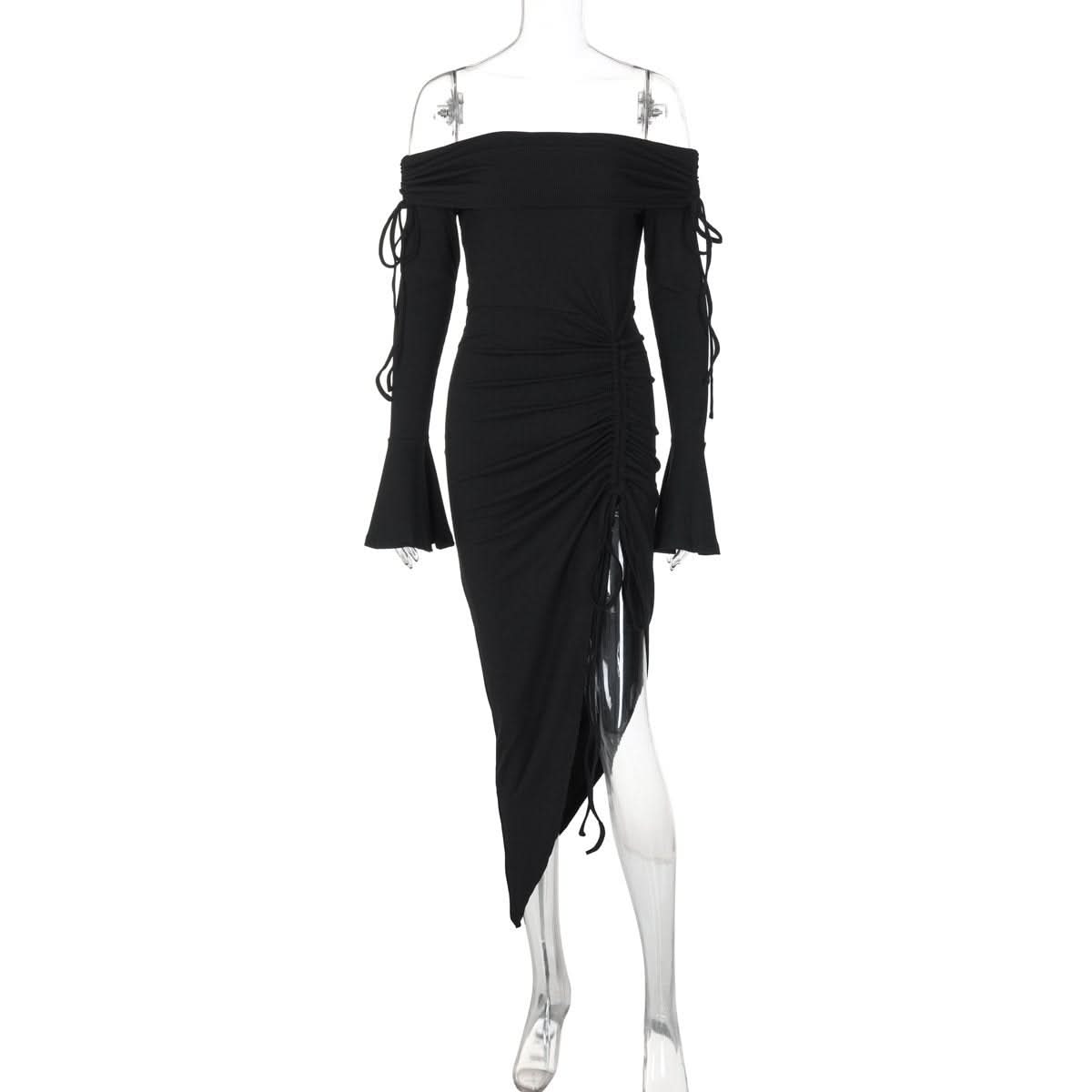 Off shoulder long flared sleeve drawstring ruched midi dress