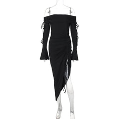 Off shoulder long flared sleeve drawstring ruched midi dress