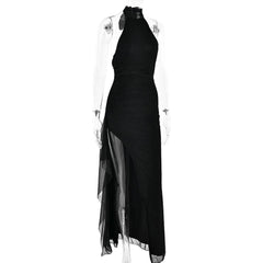 Halter self tie irregular backless slit maxi dress