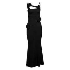 Hollow out rose applique solid cami cut out maxi dress