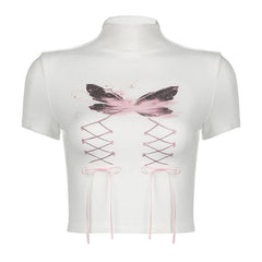Short sleeve high neck butterfly print bowknot crop top