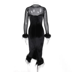 Long sleeve feather velvet mesh patchwork slit high neck midi dress-final-sale