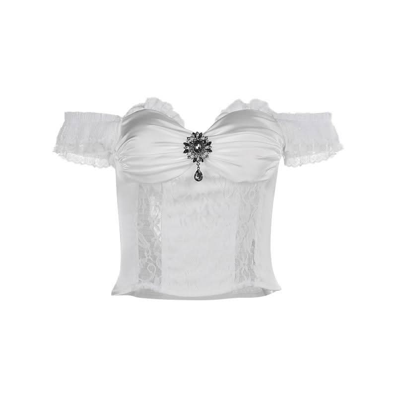 Lace hem off shoulder ruched smocked top