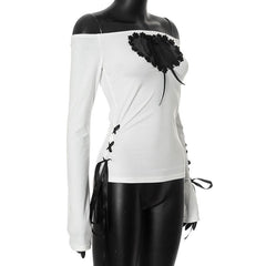 Hollow out long sleeve off shoulder self tie cut out top-final-sale