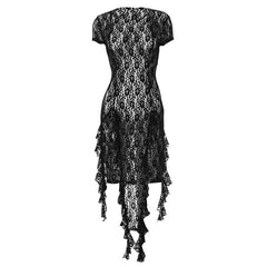 Short sleeve lace ruffle high slit mini dress