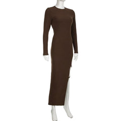 Self tie irregular long sleeve slit crewneck solid midi dress-final-sale