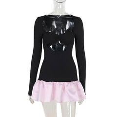Long sleeve hollow out ribbed ruffle v neck cut out mini dress