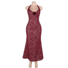 Halter lace flower applique maxi dress