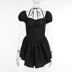 Short puff sleeve sweetheart neck ruched halter smocked mini dress