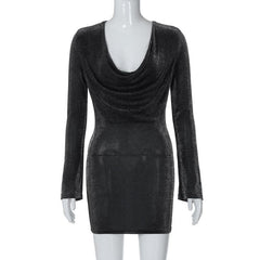 Long sleeve cowl neck ruched glitter solid mini dress-final-sale