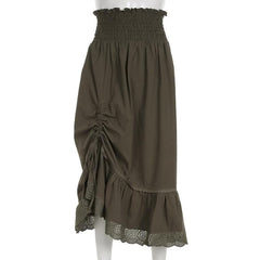Drawstring solid lace hem smocked irregular midi skirt-final-sale