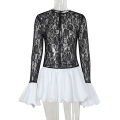 Long sleeve lace patchwork zip-up mini dress