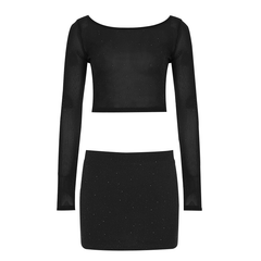 Crewneck long sleeve glitter crop mini skirt set