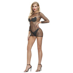 Long sleeve crewneck fishnet solid mini dress