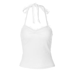 Halter bowknot lace hem ruched knotted top