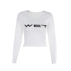 Long sleeve “WETâ€?print u neck top