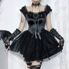 Off shoulder mesh flower applique mini dress