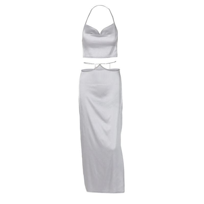Cowl neck zip-up metal chain satin halter maxi skirt set-final-sale