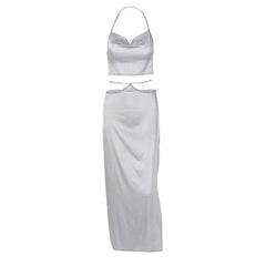 Cowl neck zip-up metal chain satin halter maxi skirt set-final-sale