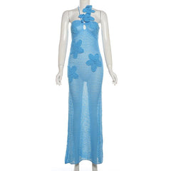 Halter knitted flower pattern see through maxi dress