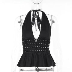 Halter deep v neck ruched ruffle rivet top