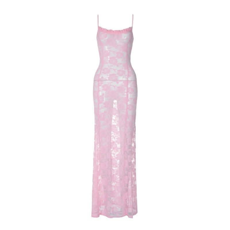 Ruffle lace stitch see through solid cami maxi dress-final-sale