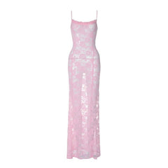 Ruffle lace stitch see through solid cami maxi dress-final-sale