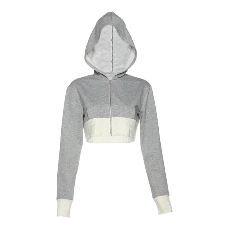 Hoodie long sleeve contrast patchwork zip-up crop top-final-sale